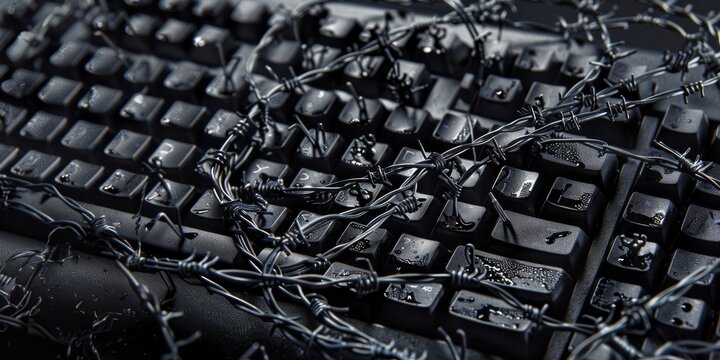 free speech concept, black keyboard wrapped in barbed wire on table in office	