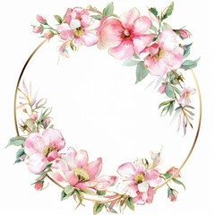 Fototapeta premium Watercolor pastel pink floral wreath with gold frame 