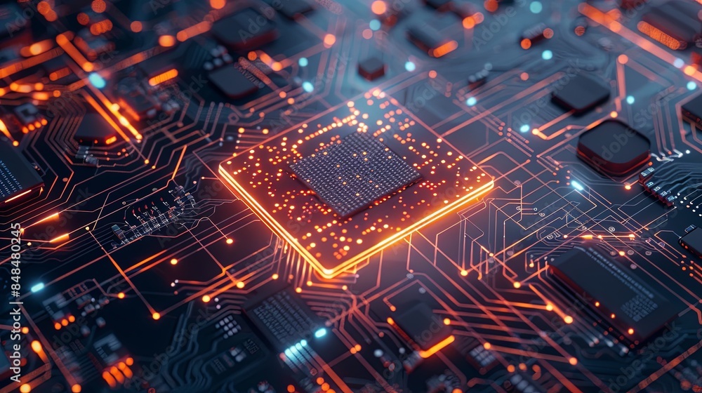 Aufkleber a close-up shot of a modern microprocessor on a motherboard, illuminated by vibrant orange data stre