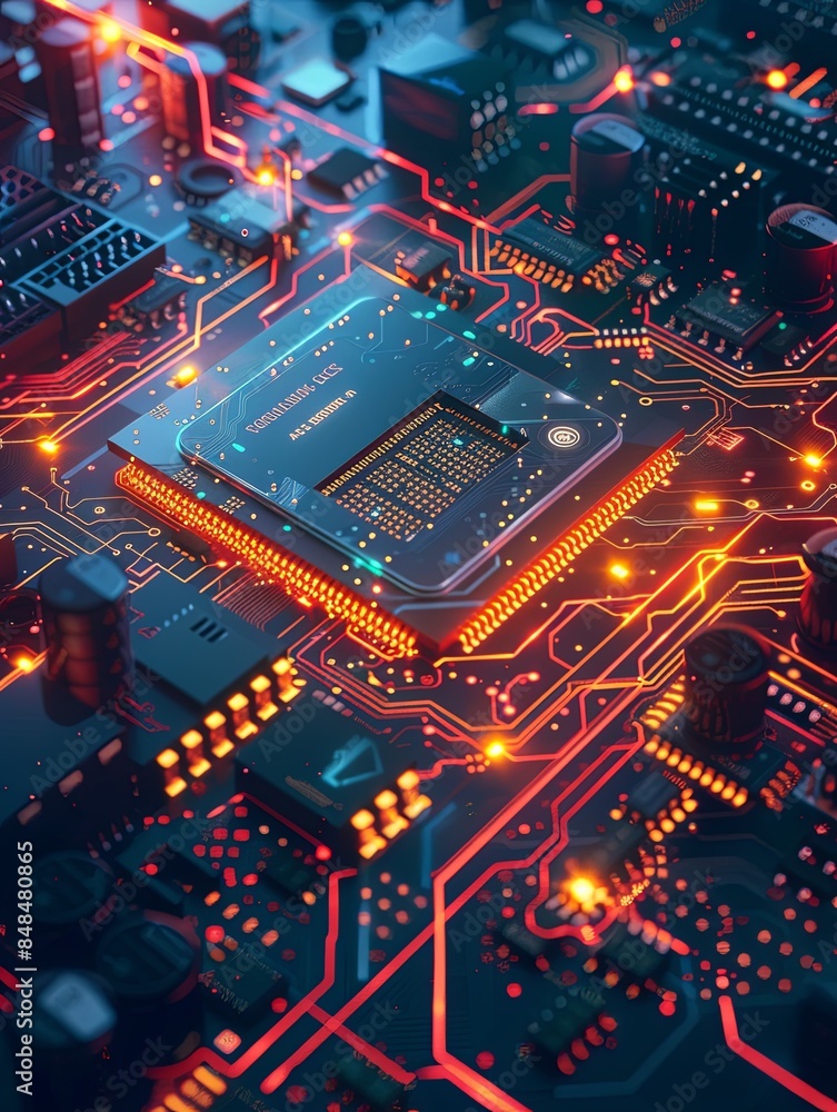 Leinwandbilder an ultra-modern microprocessor on a motherboard, surrounded by intricate data streams and glowing li