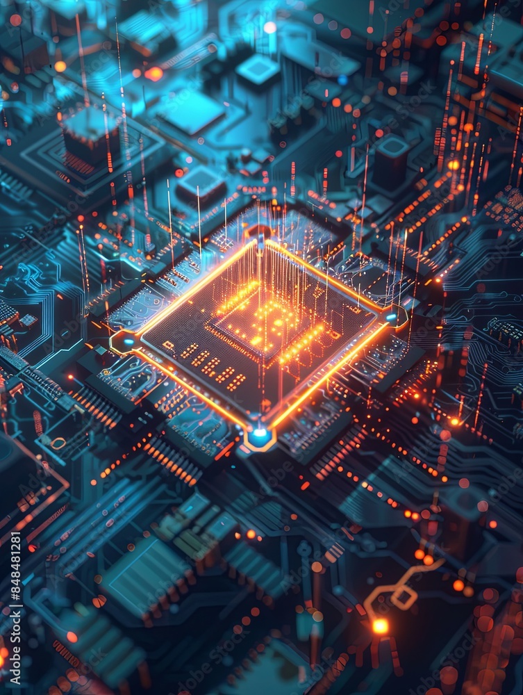 Leinwandbilder A close-up of a modern microprocessor or chip on a motherboard, surrounded by intricate digital data streams and glowing light effects, symbolizing the processing power of AI. Generative AI