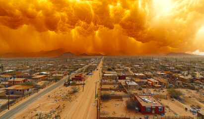 Dramatic apocalyptic landscape. A view of city with orange sky and yellow clouds and dust storm road and houses