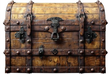 Vintage wooden treasure chest with intricate metal details, capturing the essence of adventure and history, white background