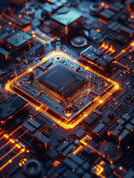 A close-up image of a powerful microprocessor surrounded by glowing digital data streams on a motherboard. Generative AI