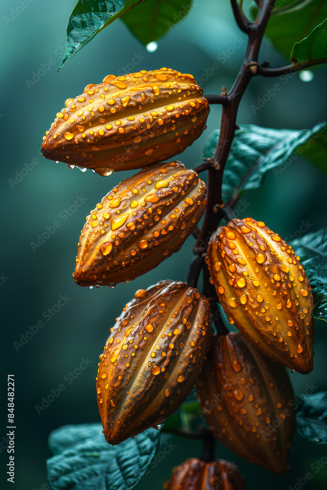 Poster cocoa beans hanging on the tree fresh cocoa pod cut exposing cocoa seeds
