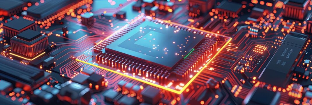 An ultra-modern microprocessor is seen on a motherboard, surrounded by intricate digital data streams and glowing light effects, symbolizing the processing power of AI. Generative AI