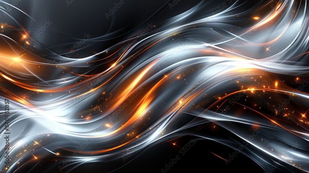 Poster A black and orange abstract painting with flowing lines and circles creating an effect of movement and texture.