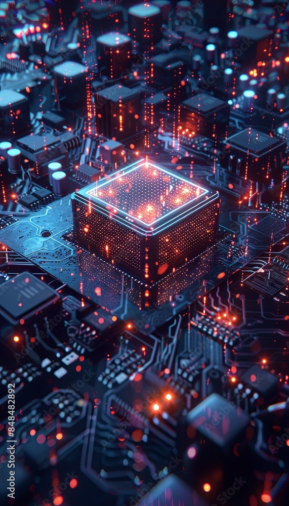 Poster a close-up of a modern microprocessor, surrounded by intricate digital data streams and glowing ligh