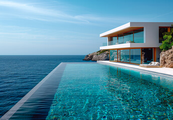 Fototapeta premium Infinity pool on the roof top of villa with sea view