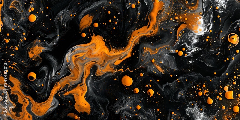 Poster a black and orange abstract painting with flowing lines and circles creating an effect of movement a