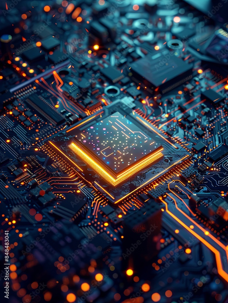 Leinwandbilder close-up of a modern microprocessor on a motherboard, surrounded by intricate digital data streams a