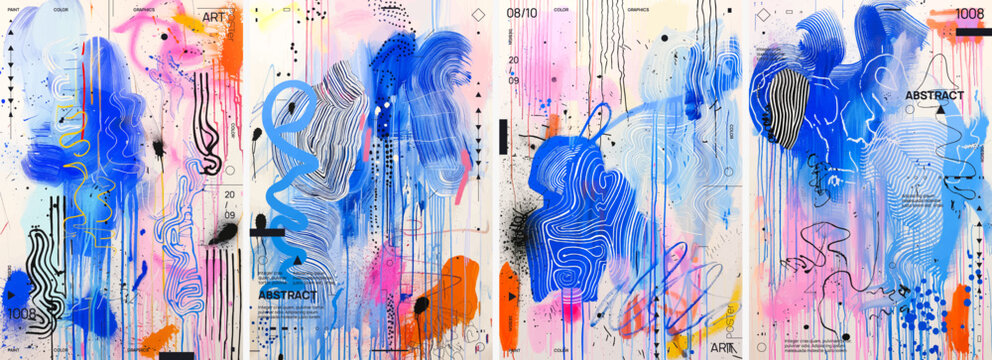A series of four posters, each with different patterns and colors, including bold black lines, paint splatters. Abstract layout with shapes and forms in a whimsical and playful design style