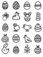 A collection of Easter themed icons including eggs, baskets, and rabbits