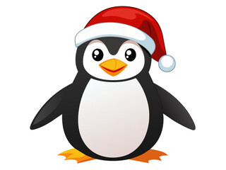 Fototapeta premium Cute penguin in Christmas Santa hat isolated on white background. Adorable little penguin in festive attire. Concept of holiday pets, Christmas animals, festive season. Print, logo, design element