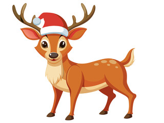 Fototapeta premium Cute deer in Christmas Santa hat isolated on white background. Adorable reindeer in festive attire. Concept of holiday pets, Christmas animals, festive season. Print, logo, design element. Graphic Art