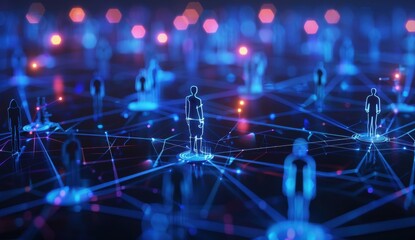 Abstract futuristic blue digital technology network with people icon on dark background concept for social media marketing and web design Generative AI