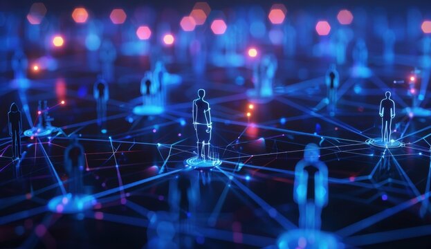 Abstract futuristic blue digital technology network with people icon on dark background concept for social media marketing and web design Generative AI