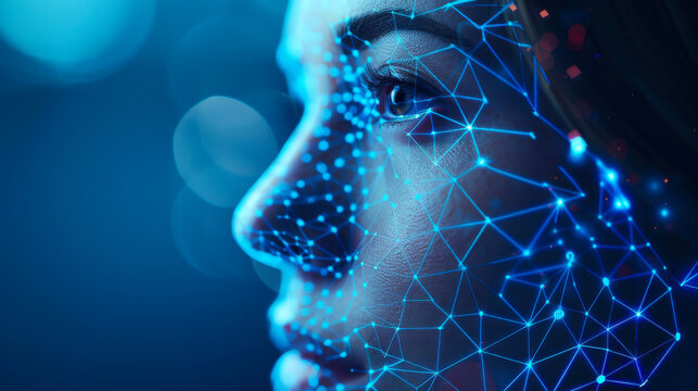 Facial Recognition Software Concept. Modern and futuristic 3D illustration of facial recognition software, highlighting digital interface with network connections, representing advanced AI technology.
