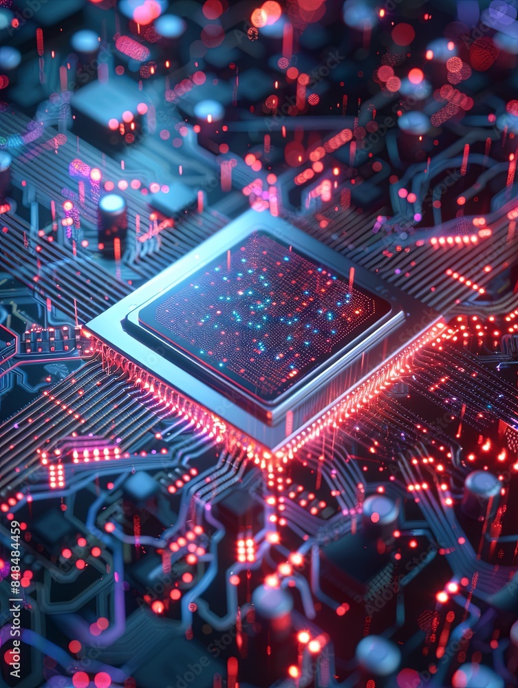 Leinwandbilder A modern chip on a motherboard, surrounded by digital data streams and light effects, represents the power of AI processing. Generative AI