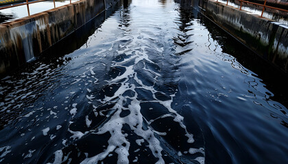 Black water is seen flowing through the industrial water treatment plant