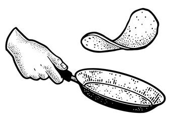 Turning a pancake in flight over a frying pan during frying sketch engraving PNG illustration. T-shirt apparel print design. Scratch board imitation. Black and white hand drawn image.