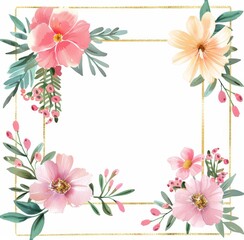Watercolor pink and purple floral frame with a gold square 