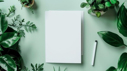 A beautiful flat lay image of a blank sheet of paper on a green background. The paper is surrounded by lush green leaves and a white pen. - Powered by Adobe
