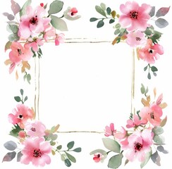 Fototapeta premium Watercolor pink and purple floral frame with a gold square 