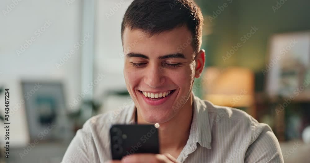 Poster Smile, social media and man with smartphone on sofa for communication, scroll internet or networking in home. Online, contact and happy person with mobile for funny meme, notification or typing post