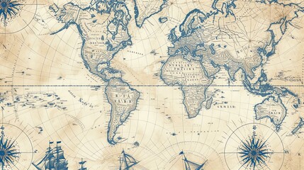 A world map in a vintage style with a beige background and blue and gray details.
