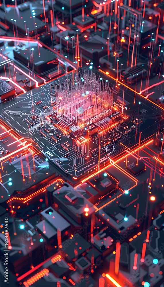 Poster a close-up view of a modern microprocessor surrounded by intricate data streams and glowing lights, 