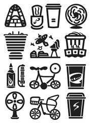 A collection of icons including a book, a car, a fork, a knife, a spoon, a bowl