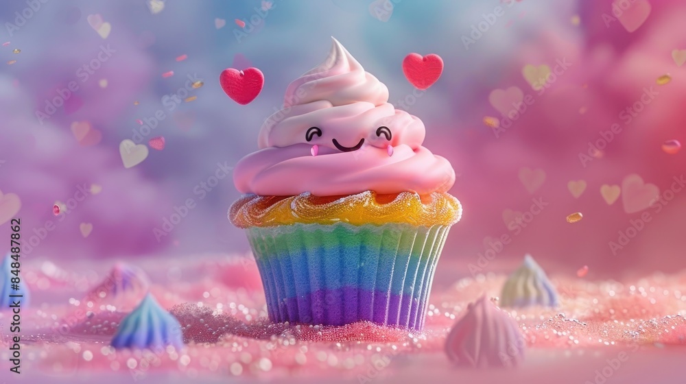 Wall mural An enchanting concept of a cartoon character featuring a rainbow cupcake symbolizing the charm of falling in love romantically