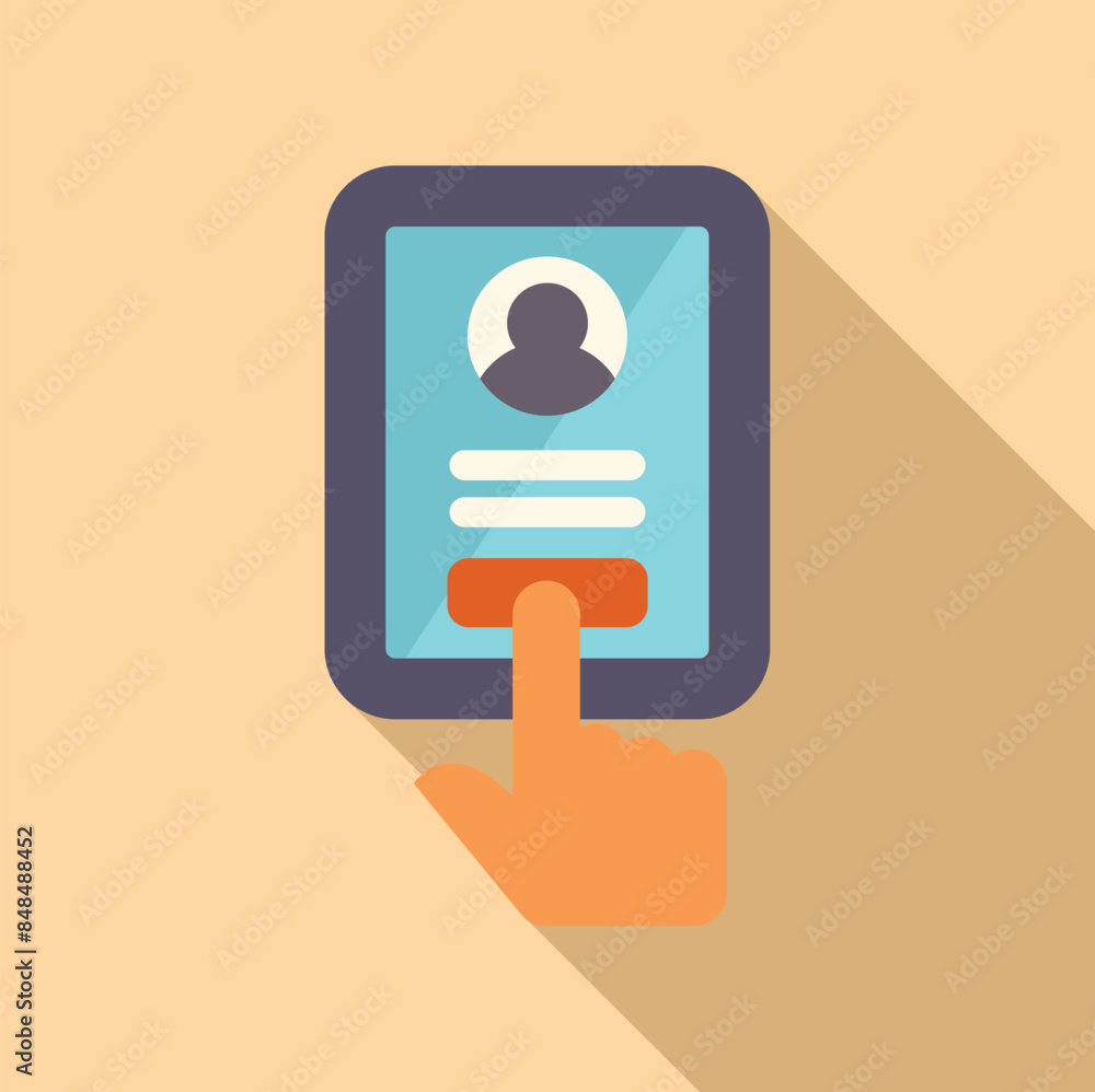 Poster hand is touching the screen of a tablet computer, completing an online form