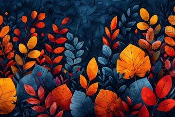 A vibrant illustration of autumn leaves in orange, red, and blue hues set against a dark, moody background.