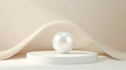 Banner with big pearl on podium against beige wall, minimalism