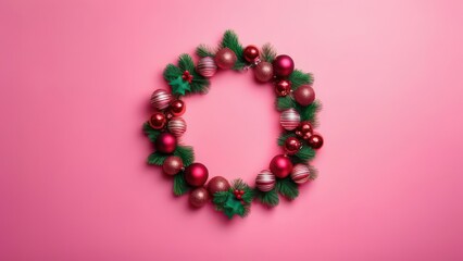 Obraz premium Christmas holiday composition. Festive creative pattern in shape of circle free space for an inscription, christmas colorful decor, festive balls and snowflakes on pink background. Flat lay, top view