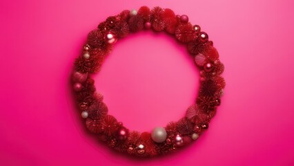 Obraz premium Christmas holiday composition. Festive creative pattern in shape of circle free space for an inscription, christmas colorful decor, festive balls and snowflakes on pink background. Flat lay, top view