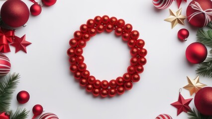 Christmas holiday composition. Festive creative pattern in shape of circle free space for an inscription, christmas colorful decor, festive balls and snowflakes on white background. Flat lay, top view