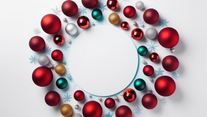 Obraz premium Christmas holiday composition. Festive creative pattern in shape of circle free space for an inscription, christmas colorful decor, festive balls and snowflakes on white background. Flat lay, top view