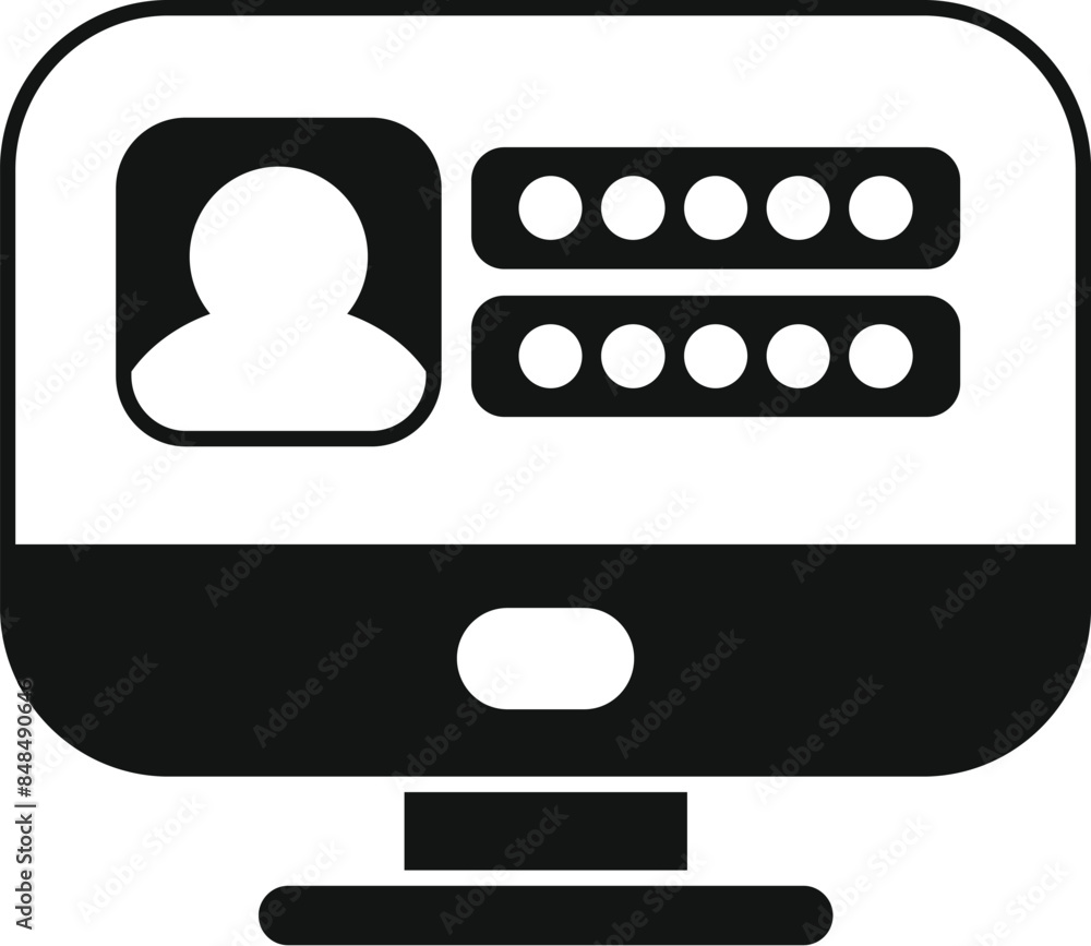 Poster simple icon of a computer screen displaying a user profile with a password login form