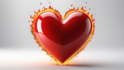 red heart on fire on white background, space for text