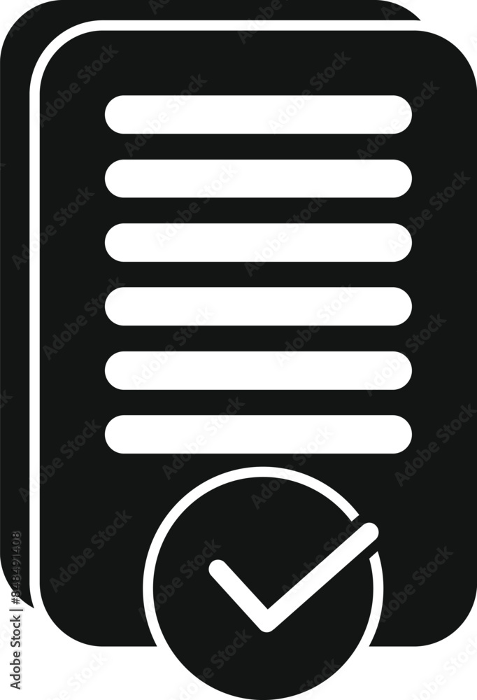 Poster simple black icon of a document with lines of text and a check mark in a circle, representing approv