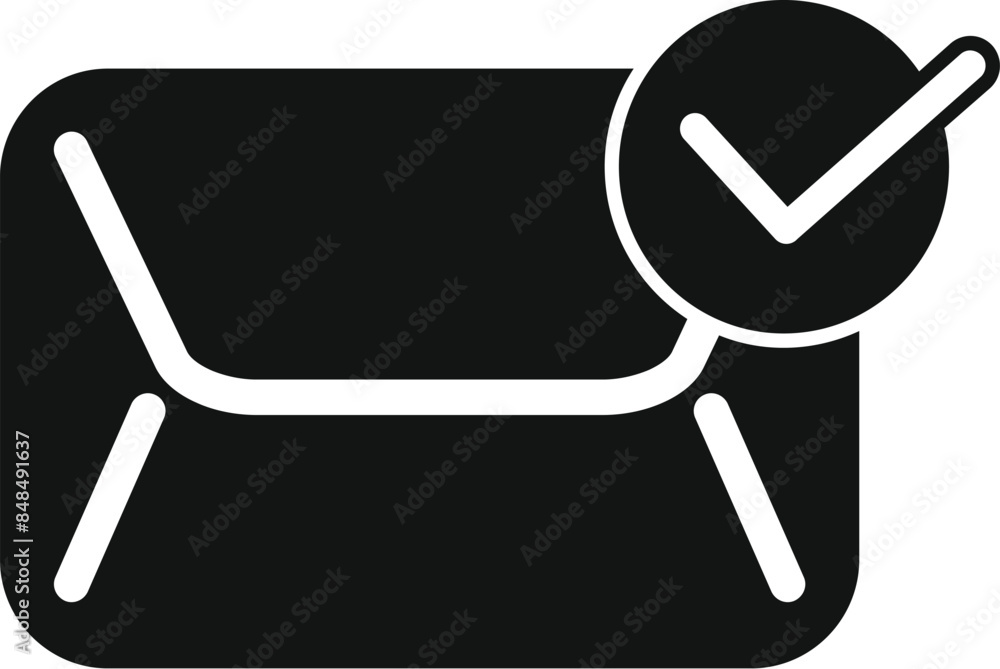 Poster simple vector icon of a black envelope with a validation symbol on it, representing successful sendi