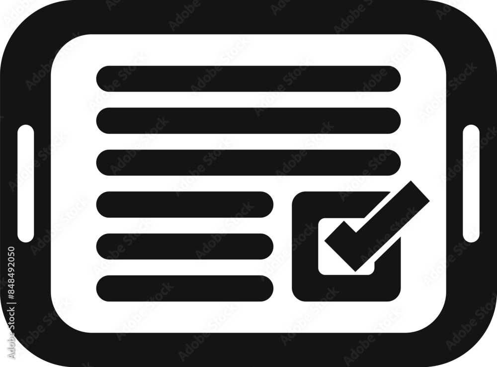 Aufkleber black and white icon of a tablet displaying an online survey being filled out and a check mark showi