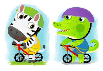 cartoon scene with wild animal zebra horse and crocodile alligator doing things like human on white background illustration for children