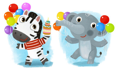 cartoon scene with wild animal zebra horse and elephant doing things like human on white background illustration for children