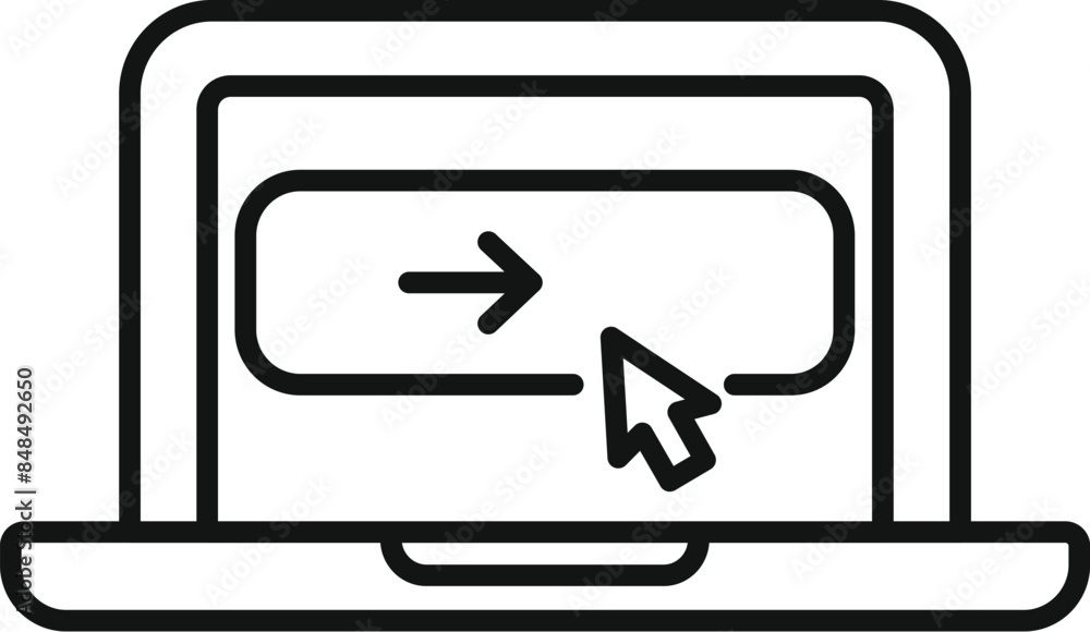 Poster line drawing of a computer user clicking a right arrow button on a laptop screen
