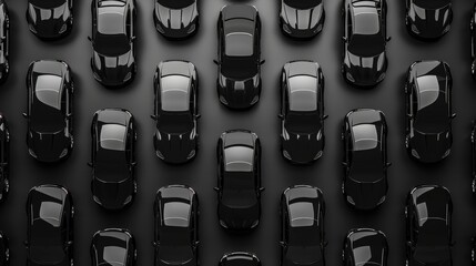 A row of black cars are lined up on a road