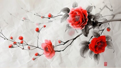 Ink painting of red camellia